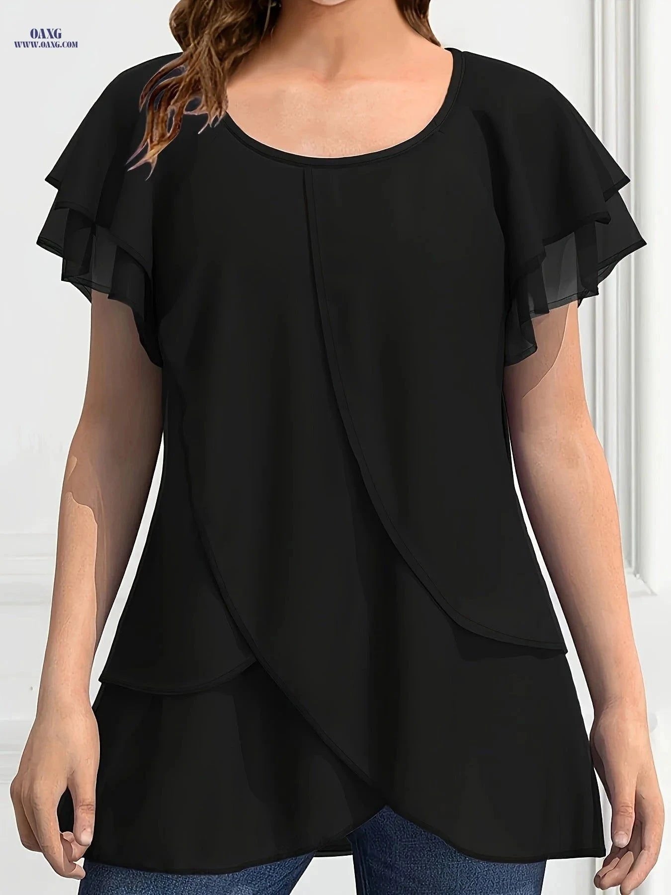 Women's Solid Color Chiffon Blouse - Ruffle Sleeve, Asymmetrical Hem   OAXG Purple / S
