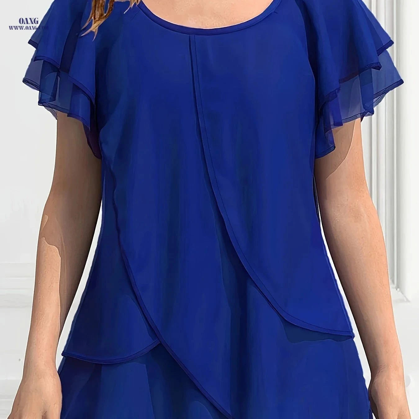 Women's Solid Color Chiffon Blouse - Ruffle Sleeve, Asymmetrical Hem   OAXG Purple / S