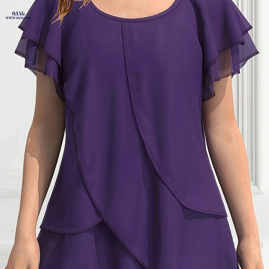 Women's Solid Color Chiffon Blouse - Ruffle Sleeve, Asymmetrical Hem   OAXG Purple / S