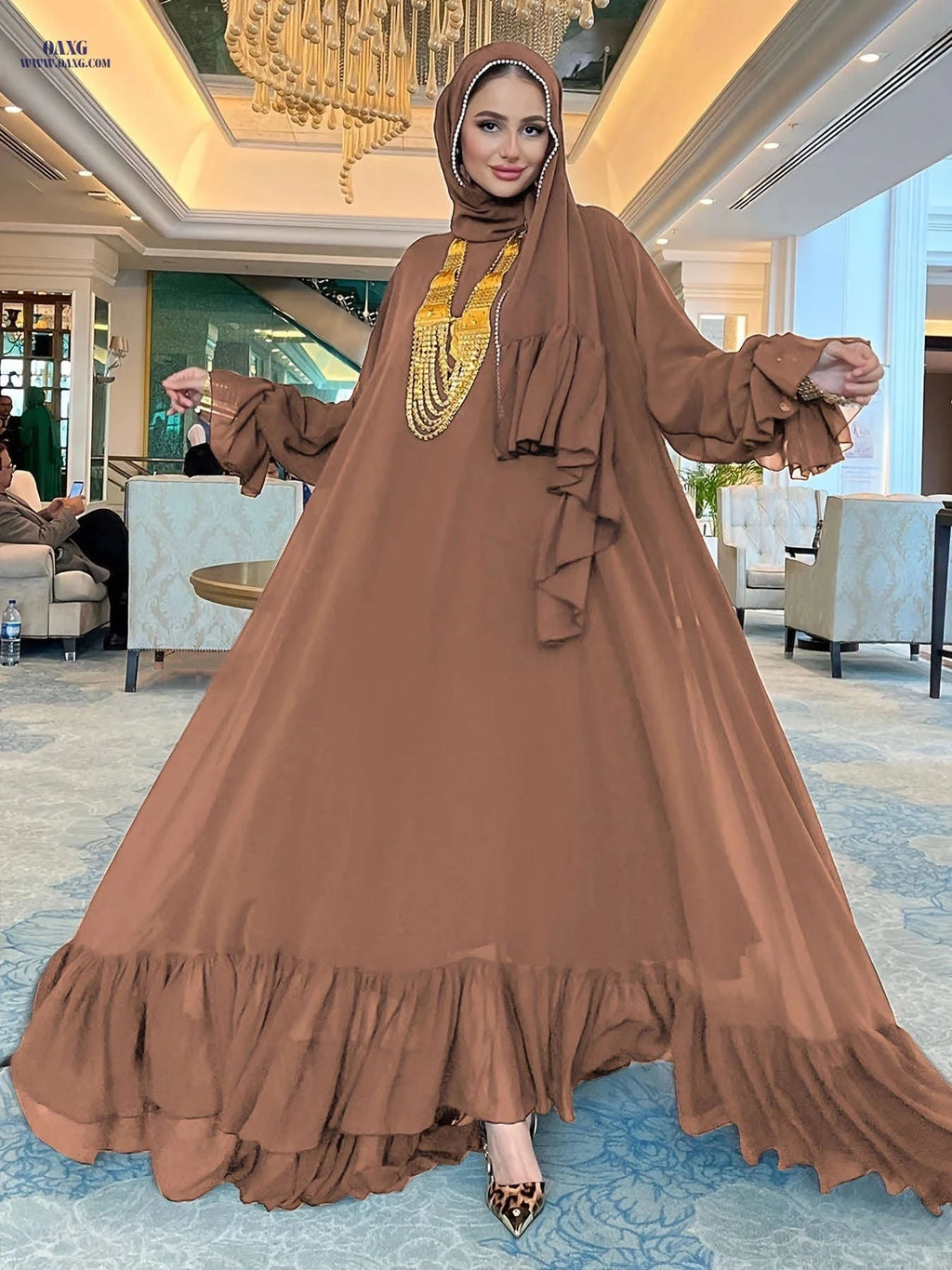 Women's Solid Color Chiffon Dress - Casual Middle Eastern Style   OAXG 