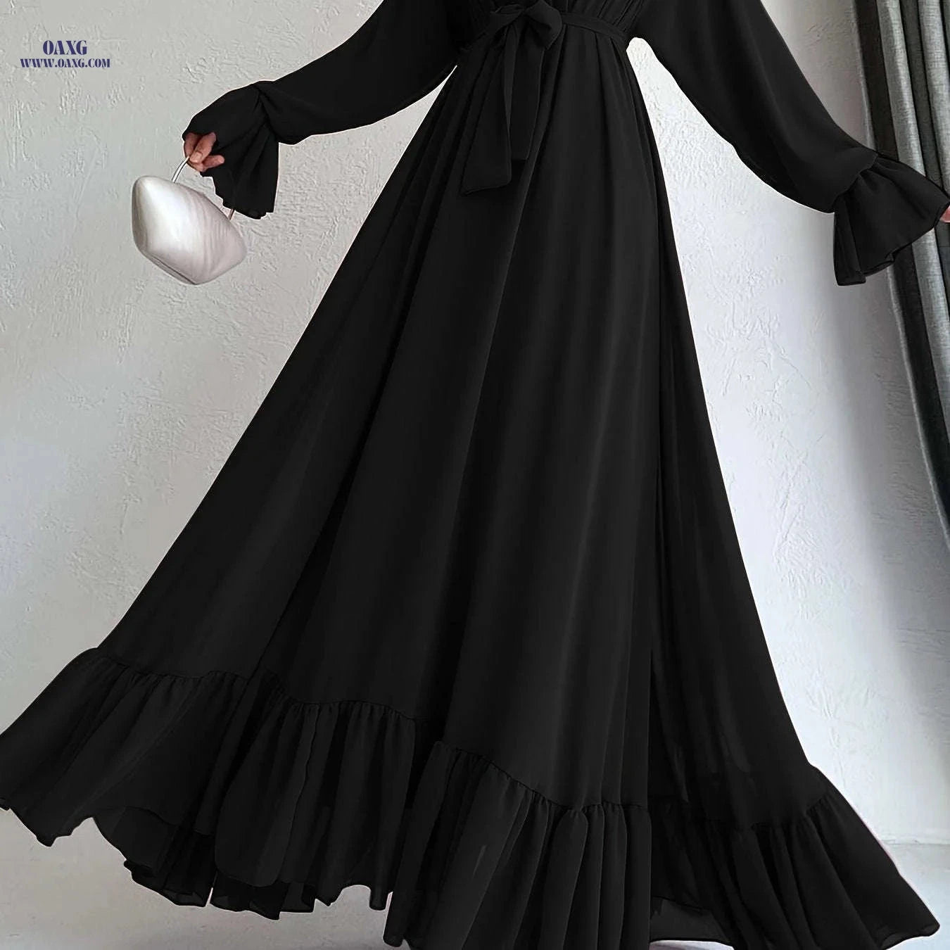 Women's Solid Color Chiffon Dress - Casual Middle Eastern Style   OAXG 
