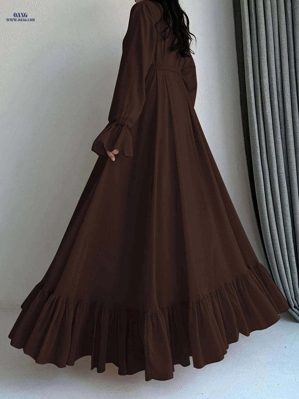 Women's Solid Color Chiffon Dress - Casual Middle Eastern Style   OAXG 