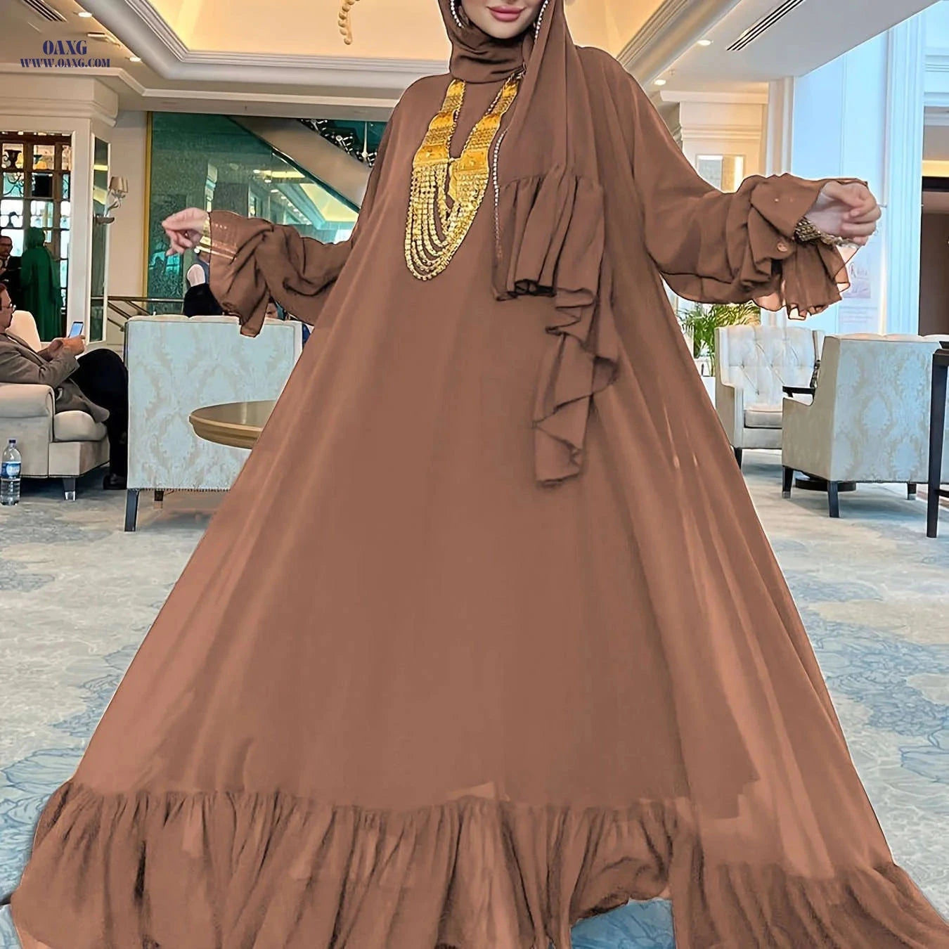 Women's Solid Color Chiffon Dress - Casual Middle Eastern Style   OAXG 