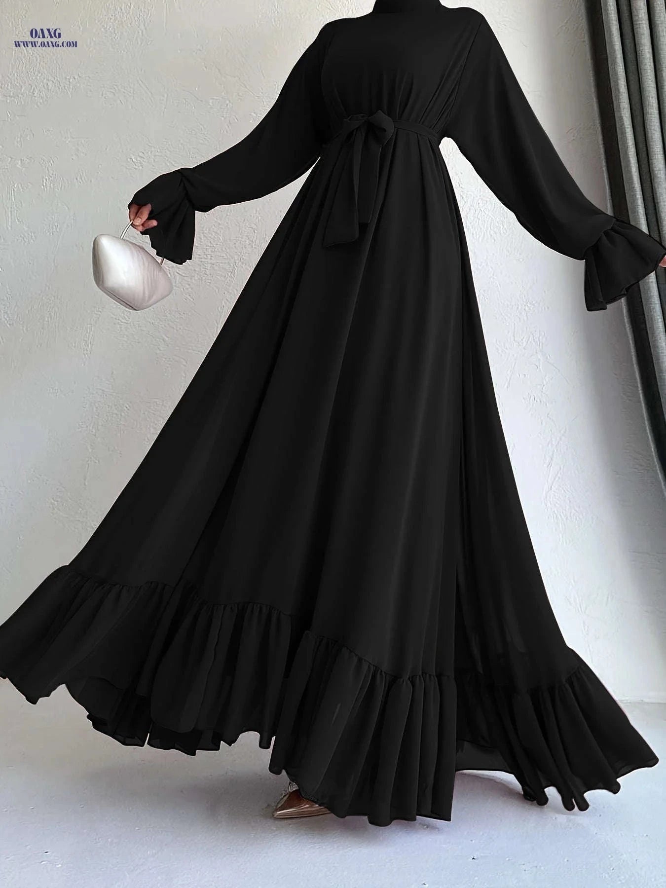 Women's Solid Color Chiffon Dress - Casual Middle Eastern Style   OAXG Rose Golden / S