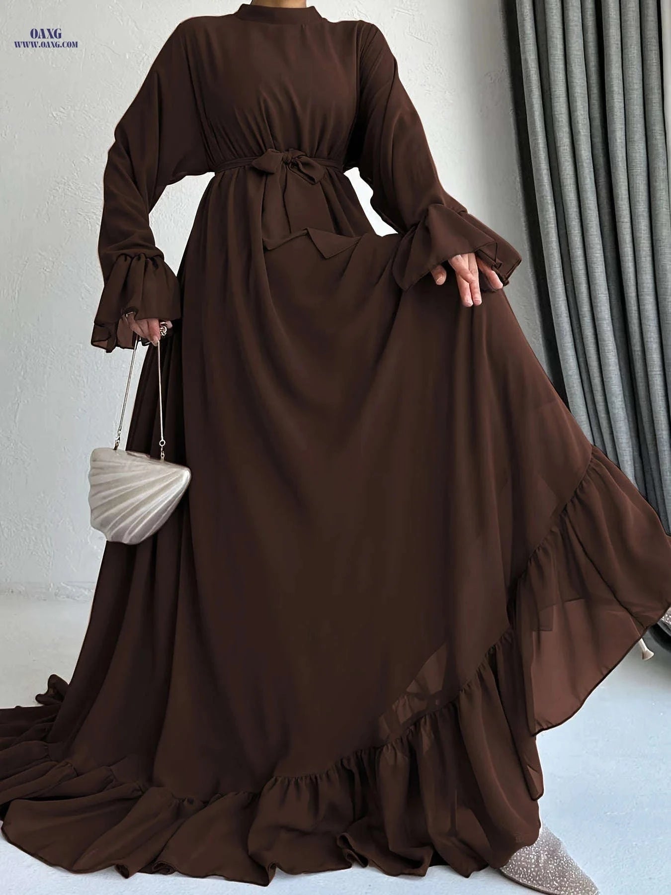 Women's Solid Color Chiffon Dress - Casual Middle Eastern Style   OAXG 