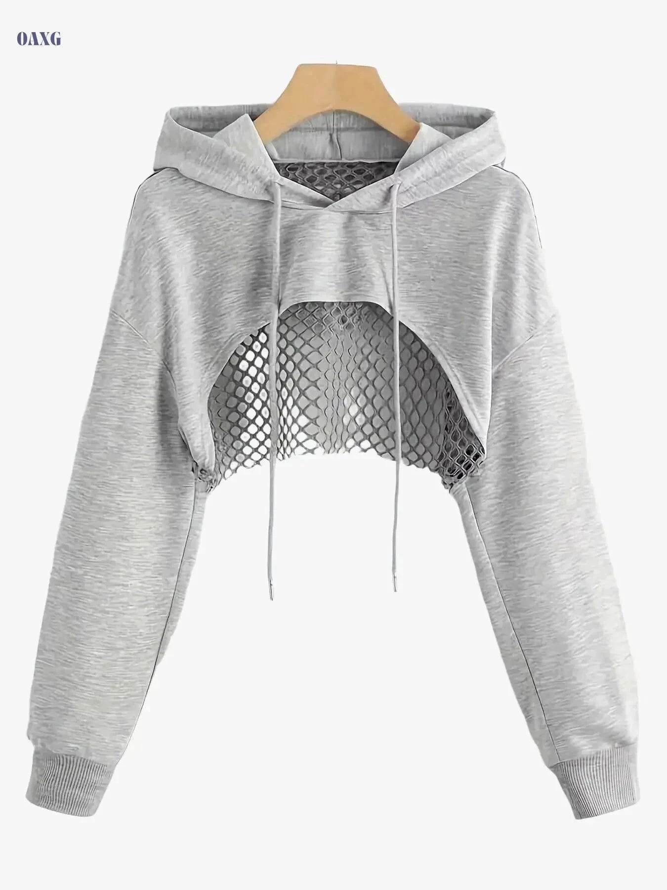 Women's Solid Color Crop Hooded Sweatshirt - Long Sleeve, Drawstring   OAXG Black / XS