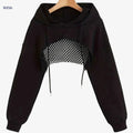 Women's Solid Color Crop Hooded Sweatshirt - Long Sleeve, Drawstring   OAXG Black / XS