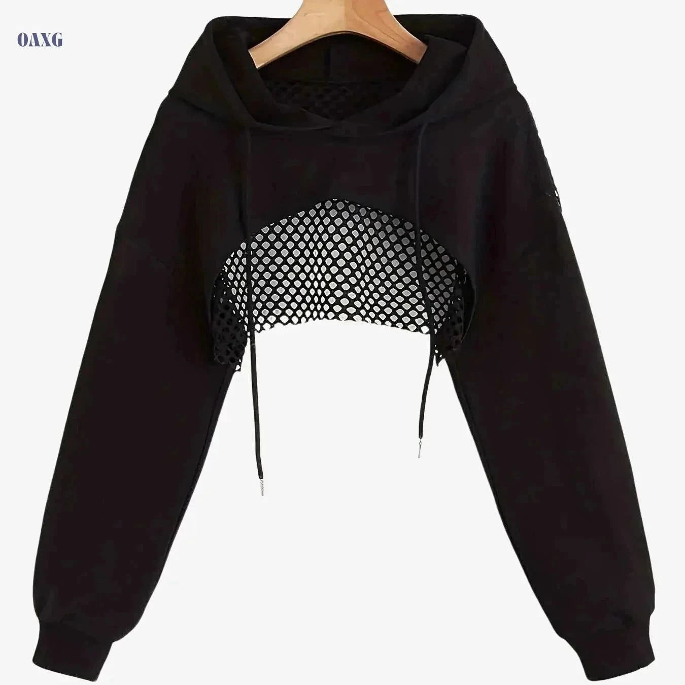 Women's Solid Color Crop Hooded Sweatshirt - Long Sleeve, Drawstring   OAXG Black / XS