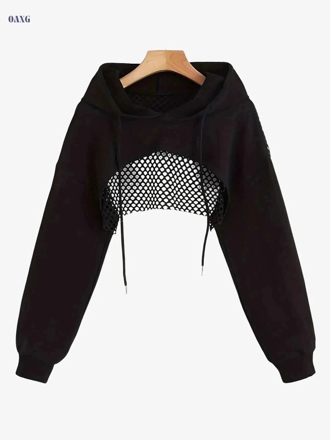 Women's Solid Color Crop Hooded Sweatshirt - Long Sleeve, Drawstring   OAXG Black / XS