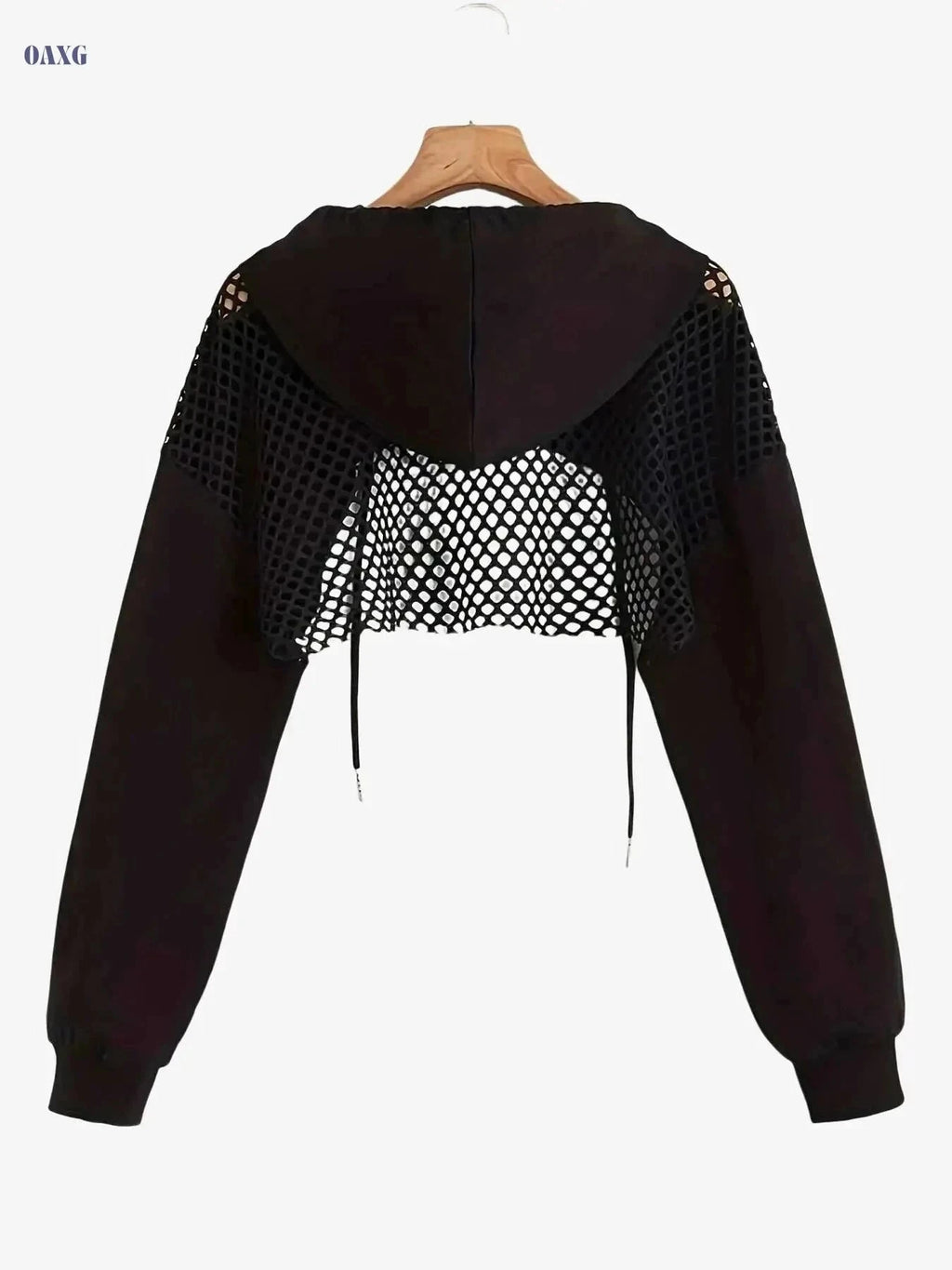 Women's Solid Color Crop Hooded Sweatshirt - Long Sleeve, Drawstring   OAXG Black / XS