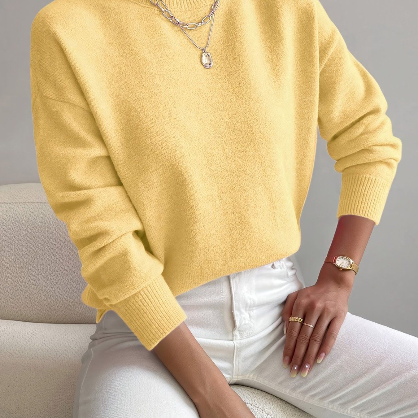 Women's Solid Color Elegant Mock Neck Long Sleeve Drop Shoulder Pullover Sweater   OAXG Black / XS