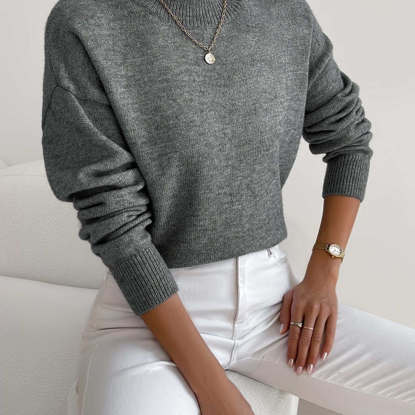 Women's Solid Color Elegant Mock Neck Long Sleeve Drop Shoulder Pullover Sweater   OAXG Black / XS