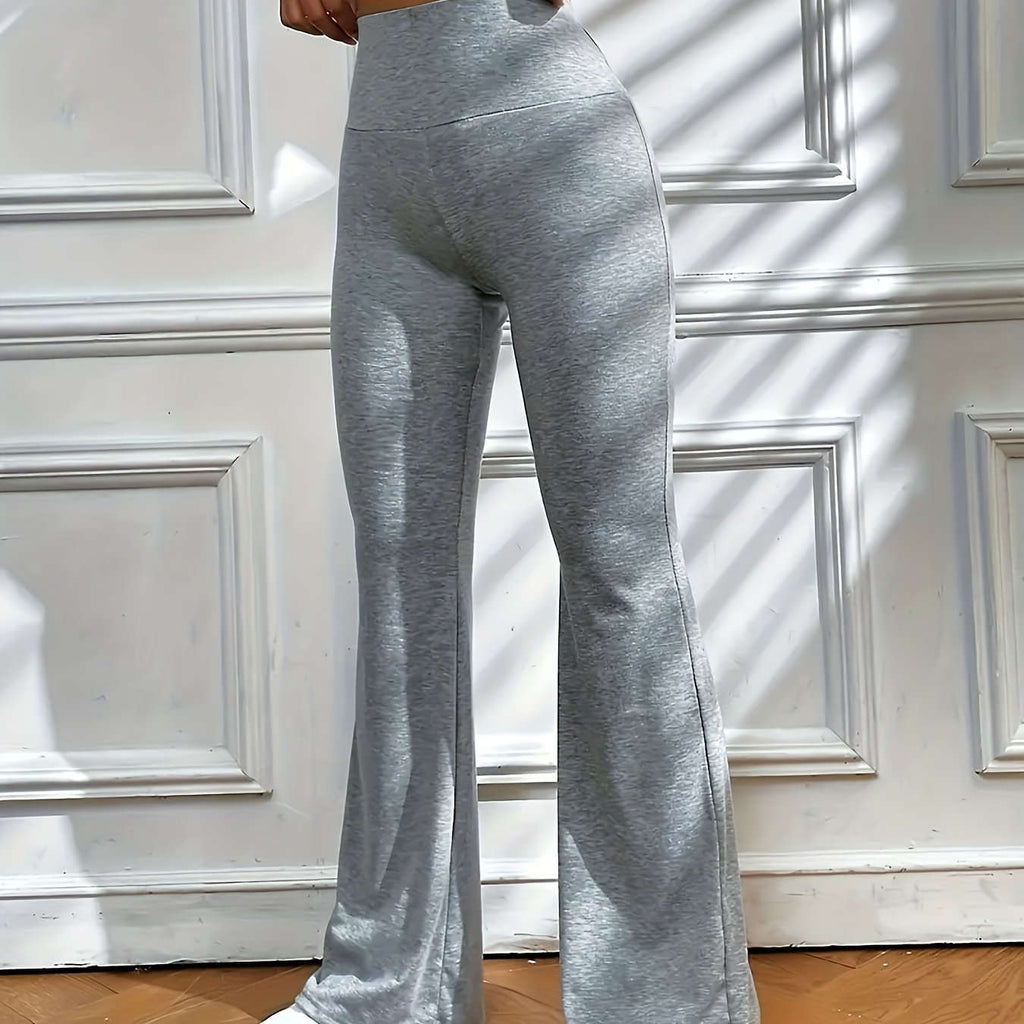 Women's Solid Color Flare Leg Pants - Casual High Waist Style   OAXG 