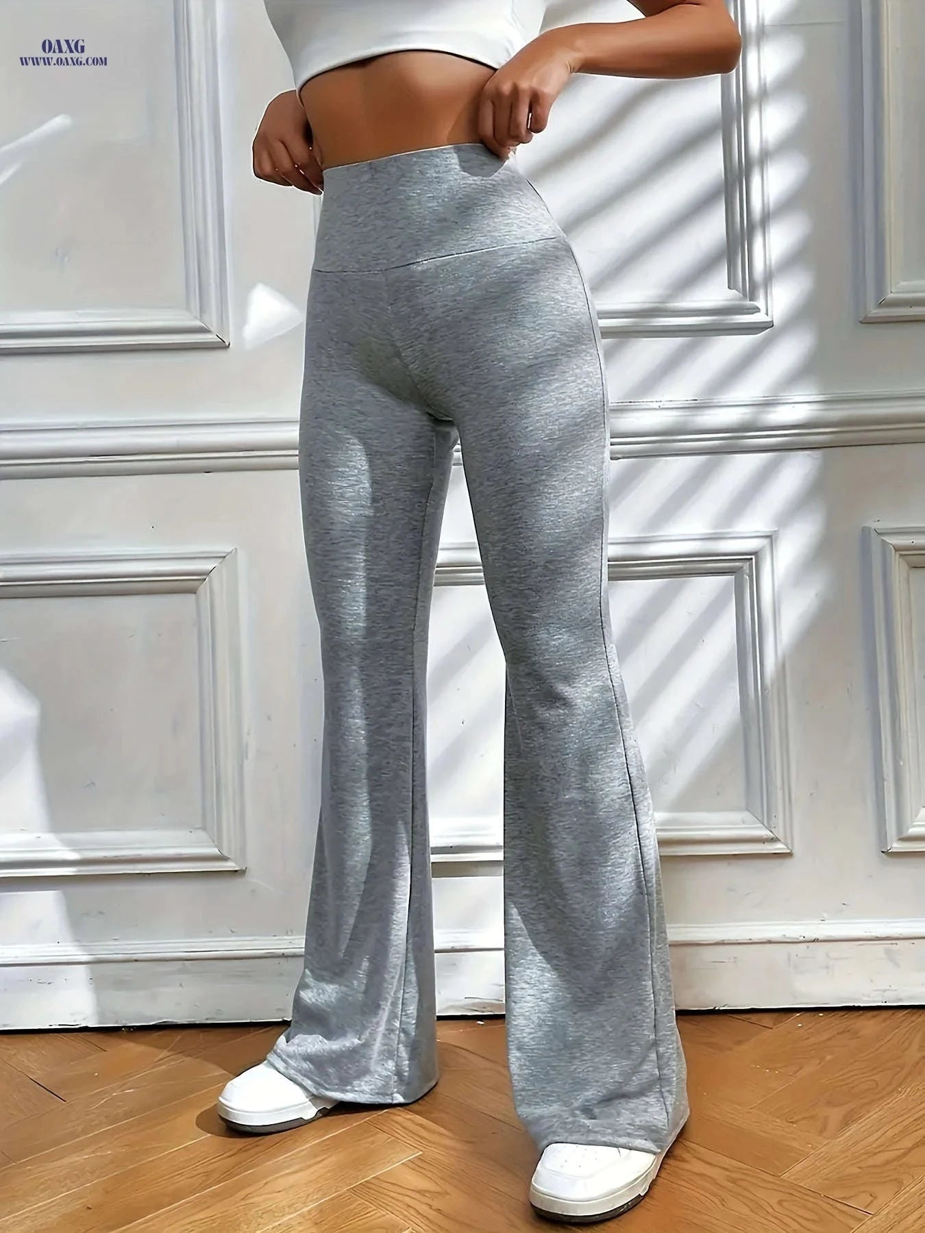 Women's Solid Color Flare Leg Pants - Casual High Waist Style   OAXG 