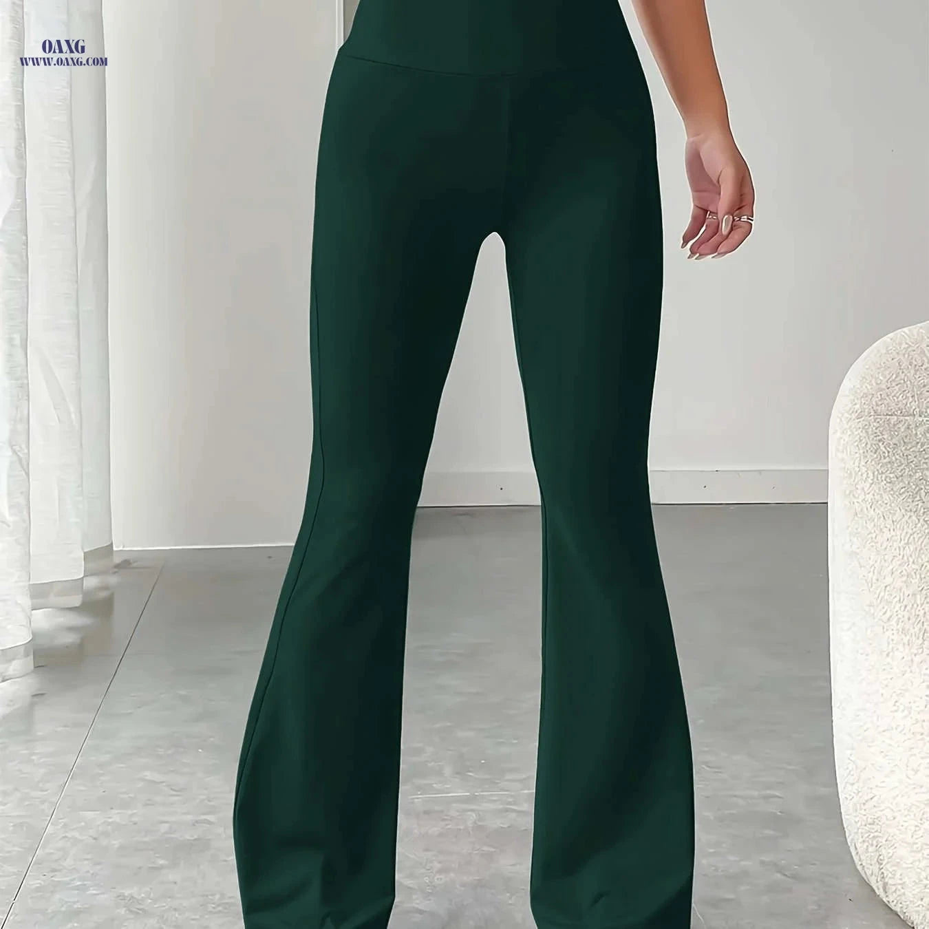 Women's Solid Color Flare Leg Pants - Casual High Waist Style   OAXG 