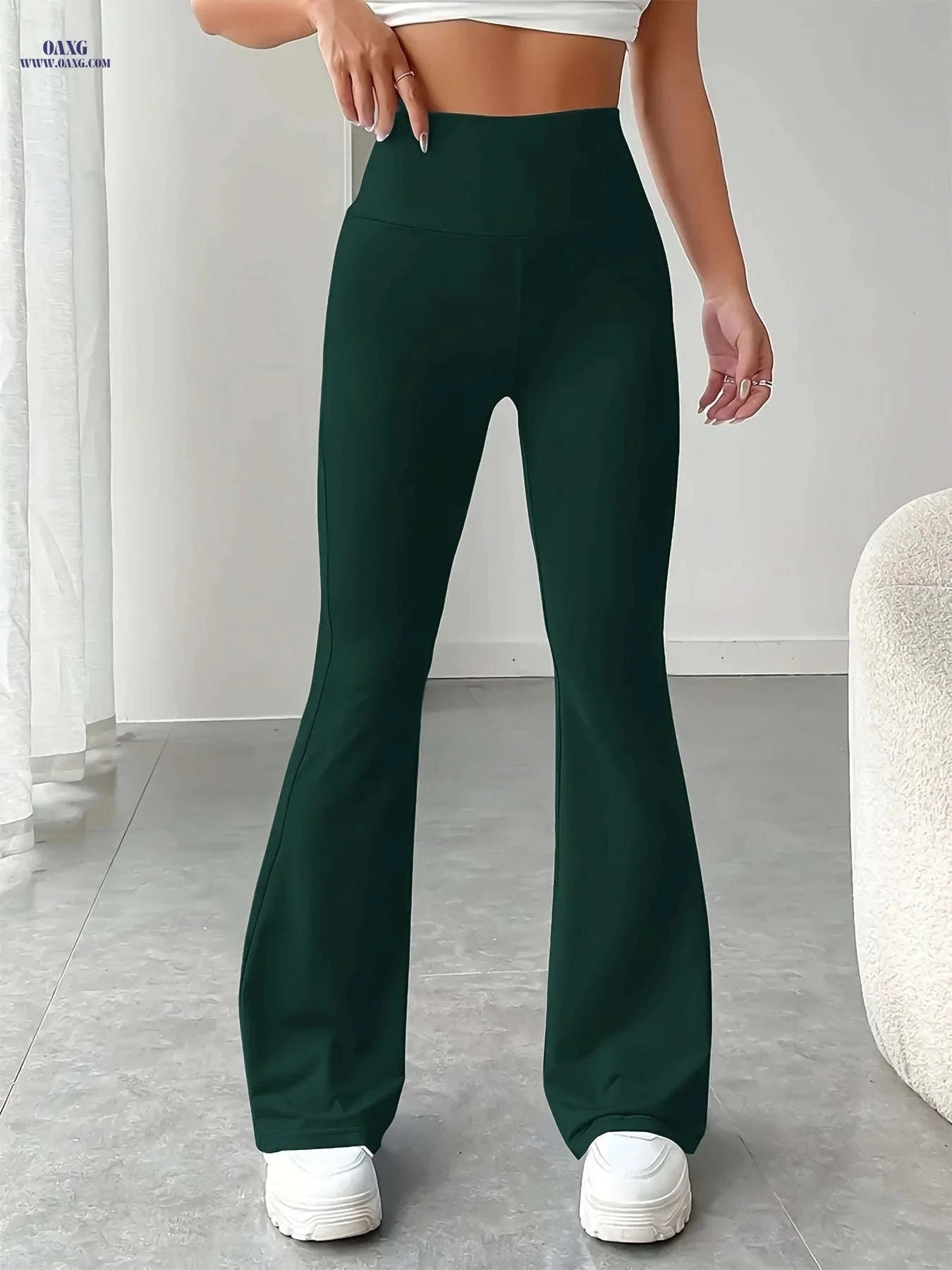 Women's Solid Color Flare Leg Pants - Casual High Waist Style   OAXG 
