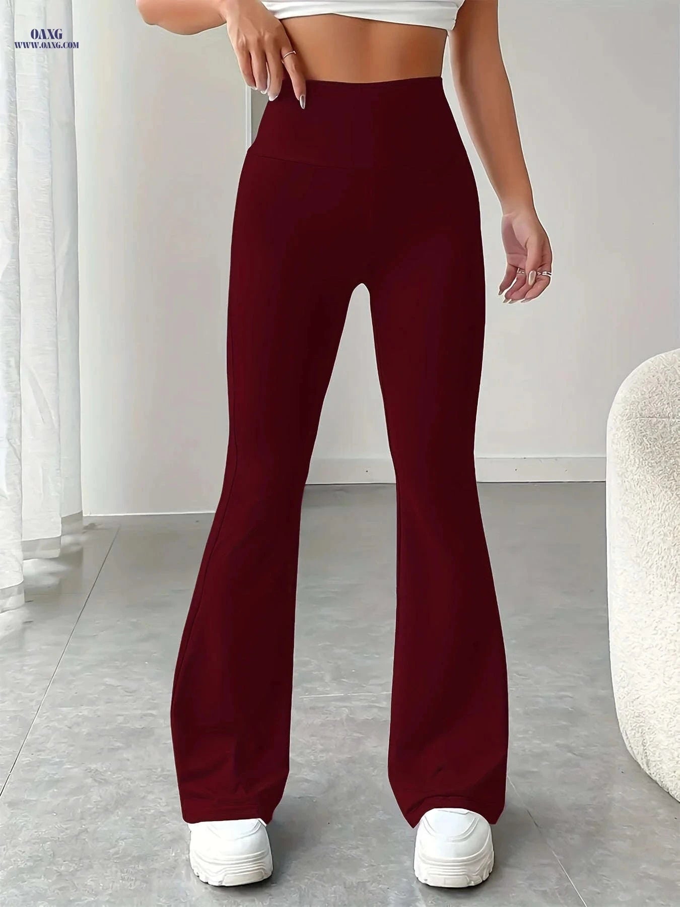 Women's Solid Color Flare Leg Pants - Casual High Waist Style   OAXG 