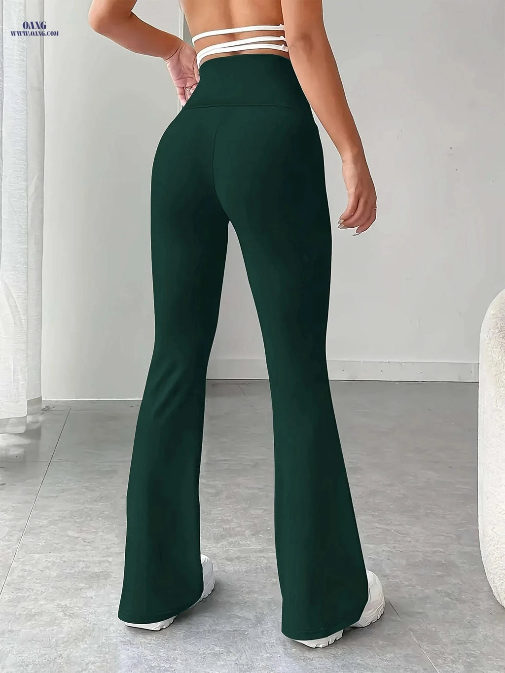 Women's Solid Color Flare Leg Pants - Casual High Waist Style   OAXG 