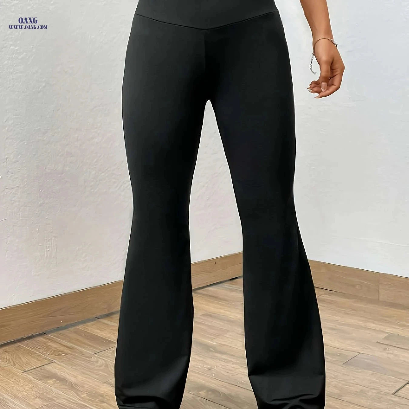 Women's Solid Color Flare Leg Pants - Casual High Waist Style   OAXG Black / S