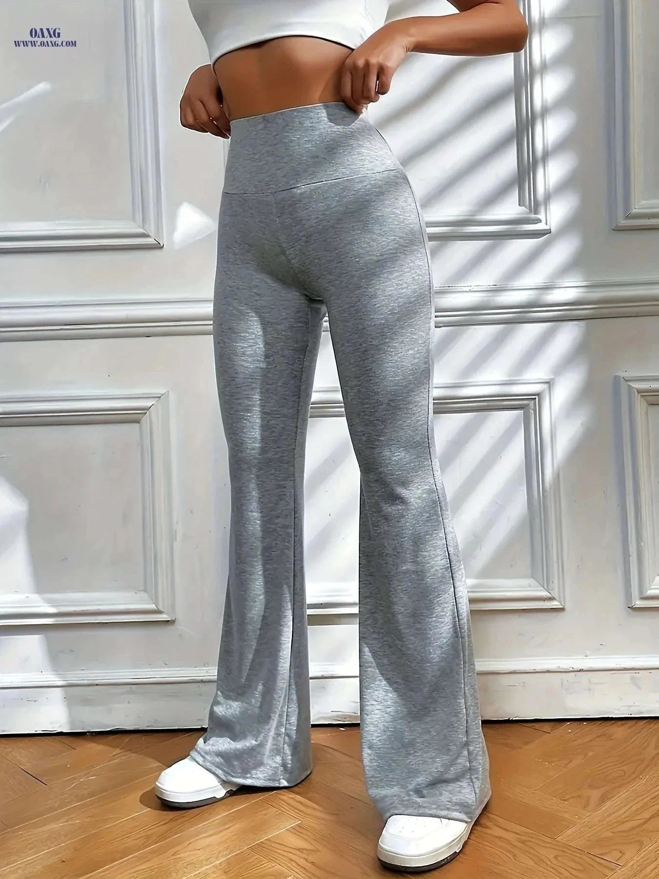 Women's Solid Color Flare Leg Pants - Casual High Waist Style   OAXG Black / S