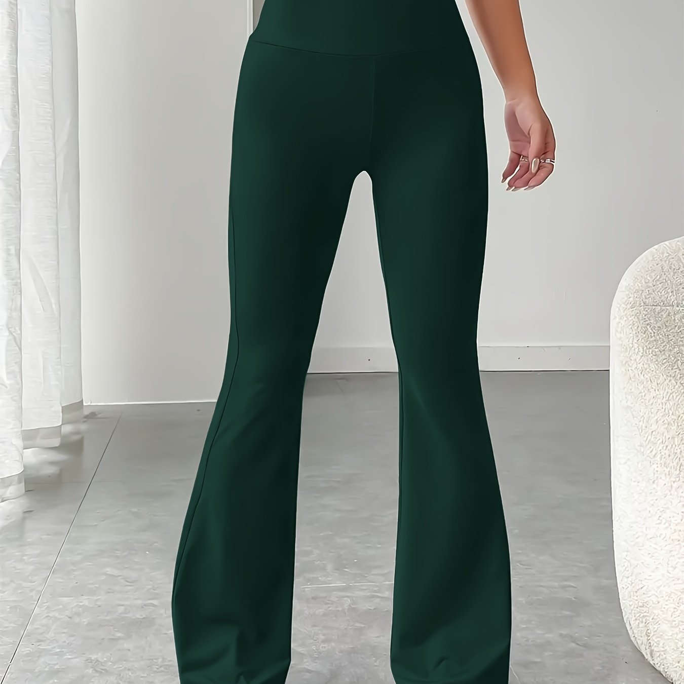 Women's Solid Color Flare Leg Pants - Casual High Waist Style   OAXG 