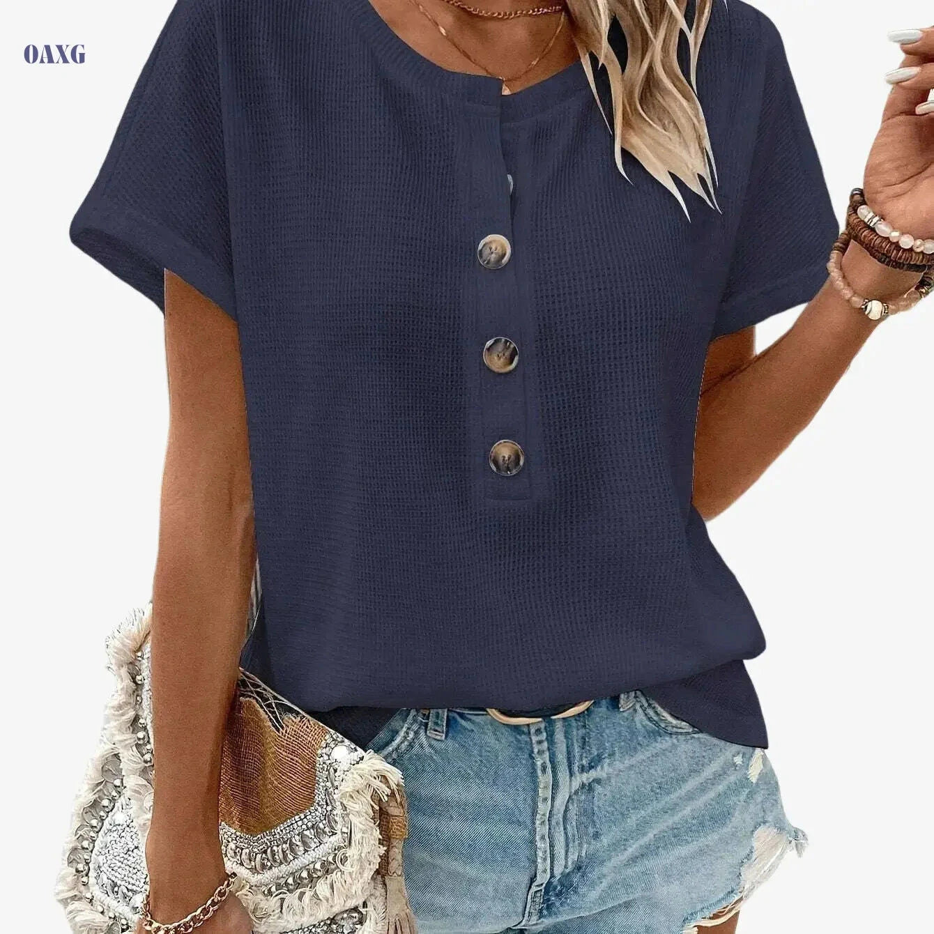 Women's Solid Color Henley Neck T-Shirt - Casual Summer Style   OAXG 