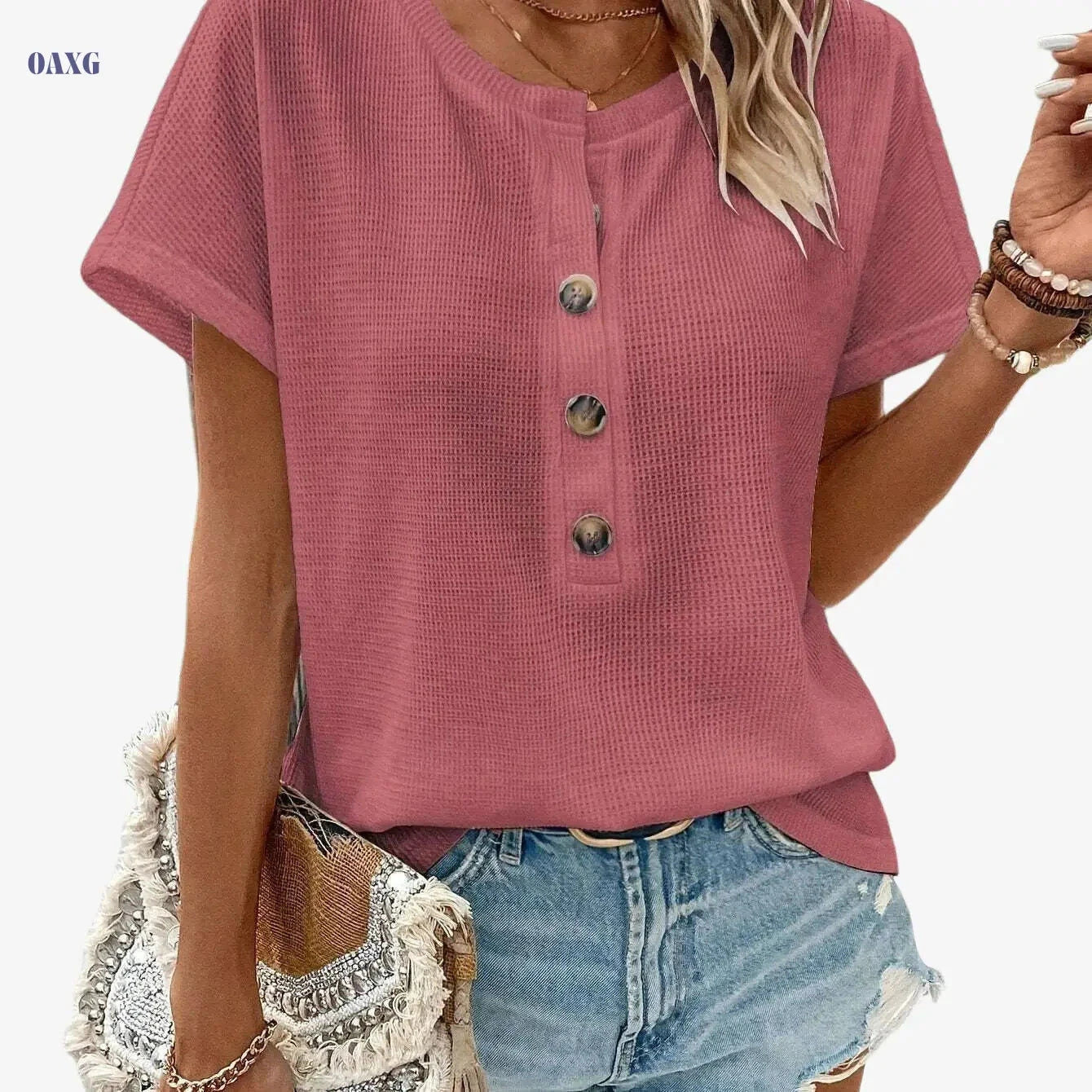 Women's Solid Color Henley Neck T-Shirt - Casual Summer Style   OAXG 
