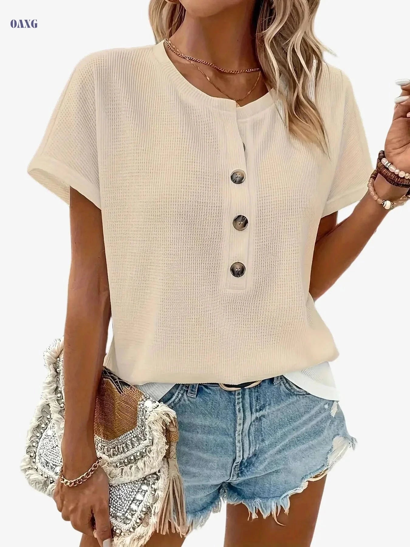 Women's Solid Color Henley Neck T-Shirt - Casual Summer Style   OAXG 
