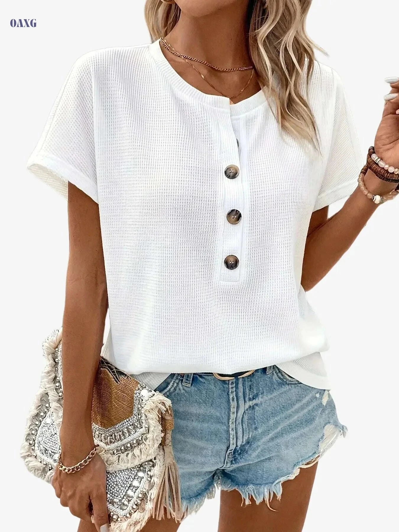 Women's Solid Color Henley Neck T-Shirt - Casual Summer Style   OAXG 