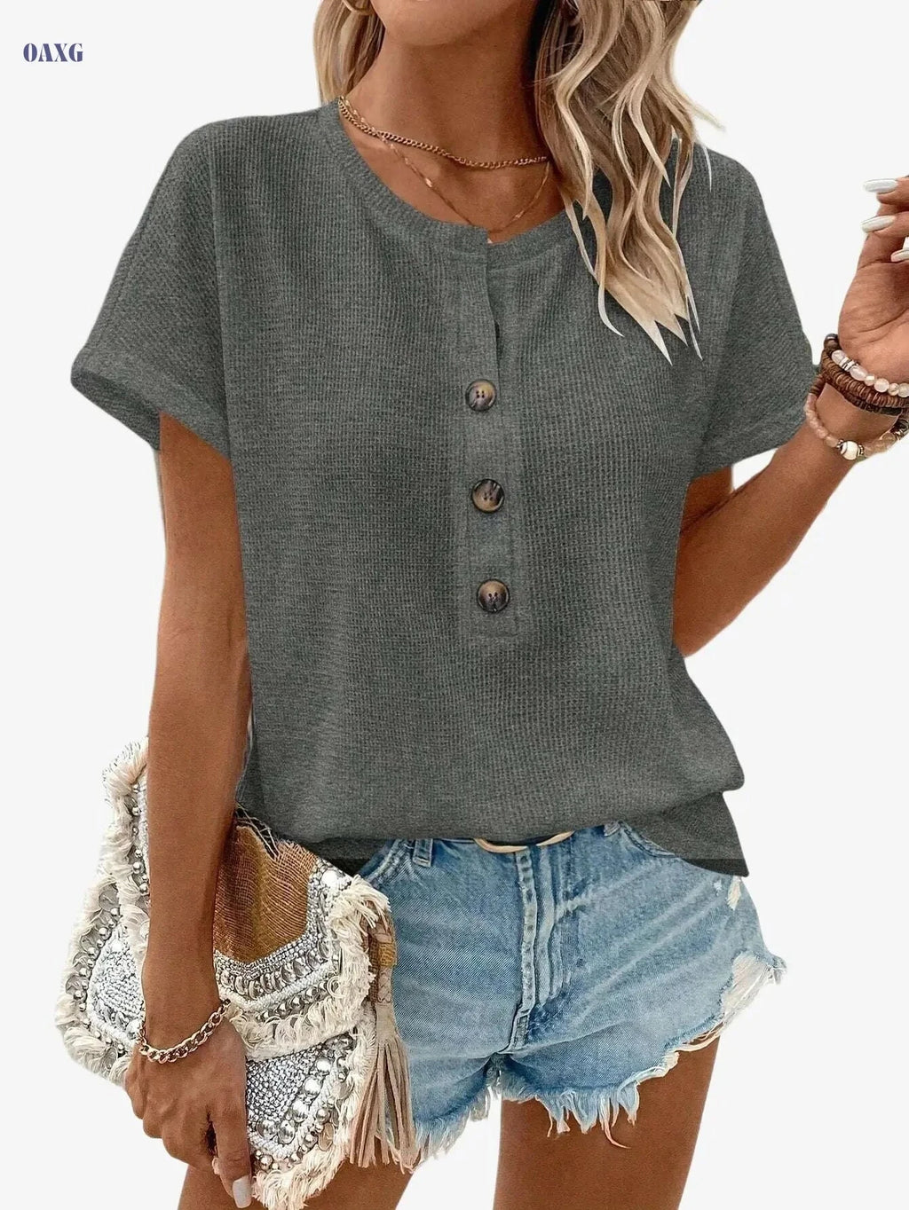 Women's Solid Color Henley Neck T-Shirt - Casual Summer Style   OAXG 