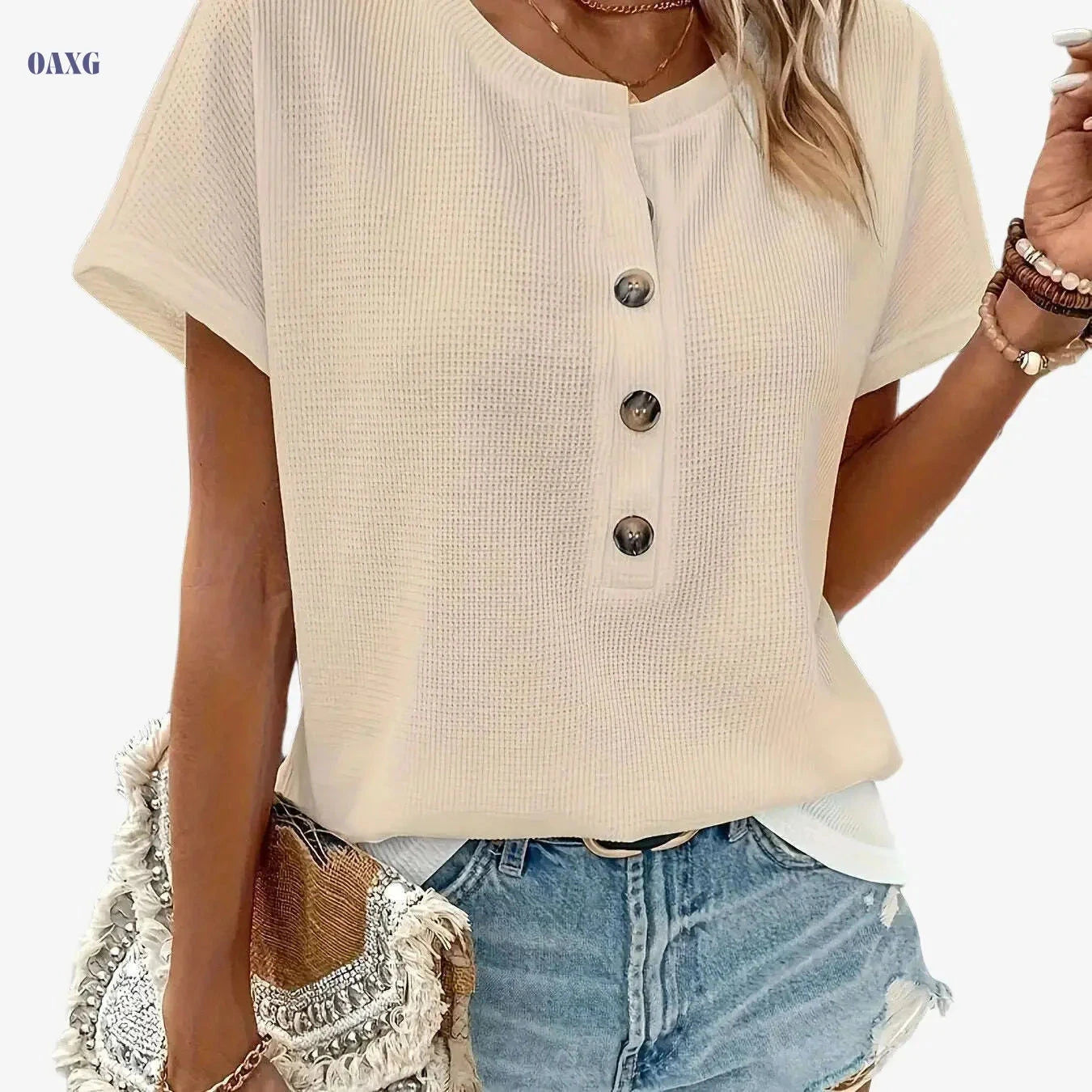 Women's Solid Color Henley Neck T-Shirt - Casual Summer Style   OAXG 