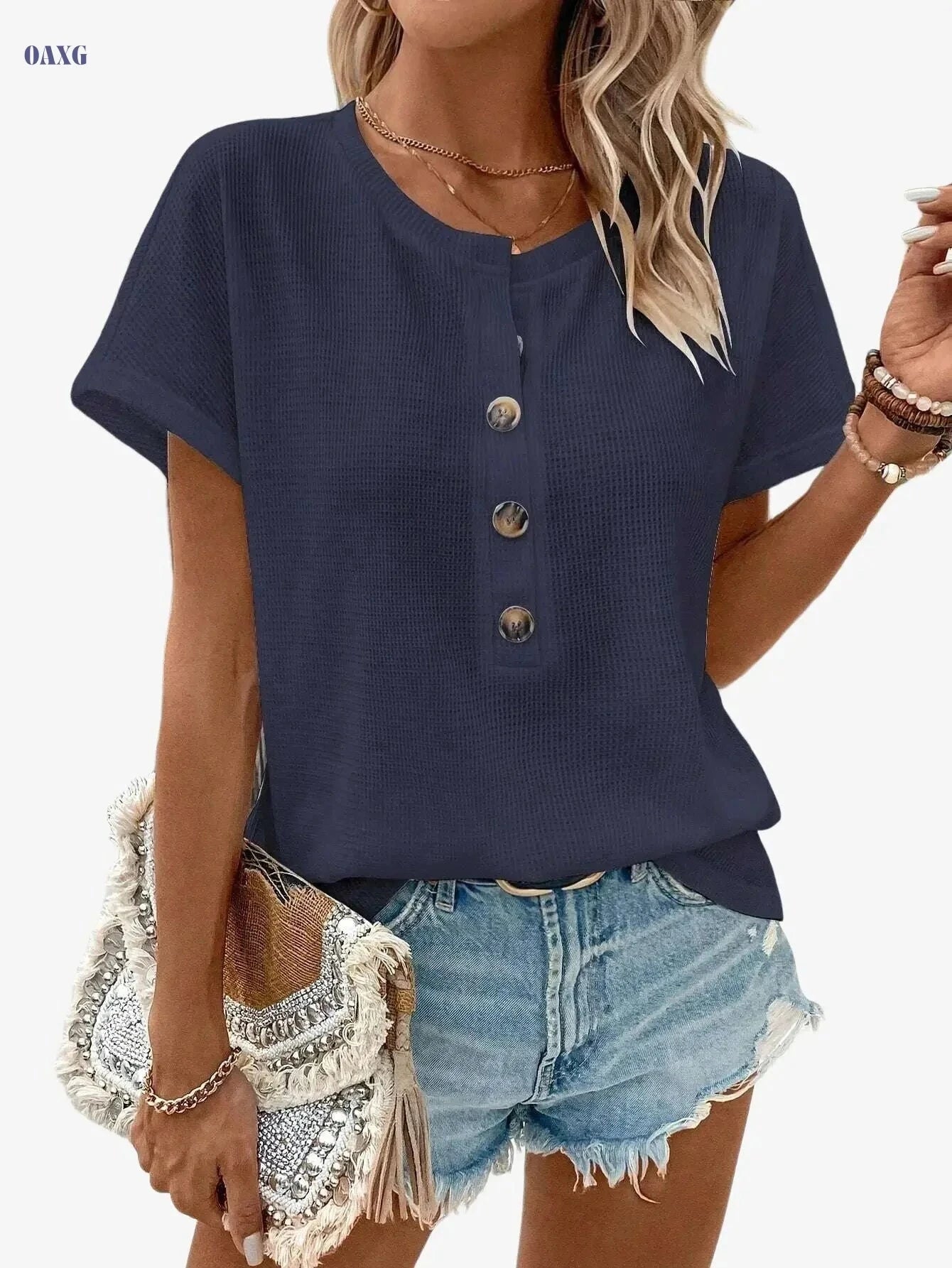 Women's Solid Color Henley Neck T-Shirt - Casual Summer Style   OAXG 