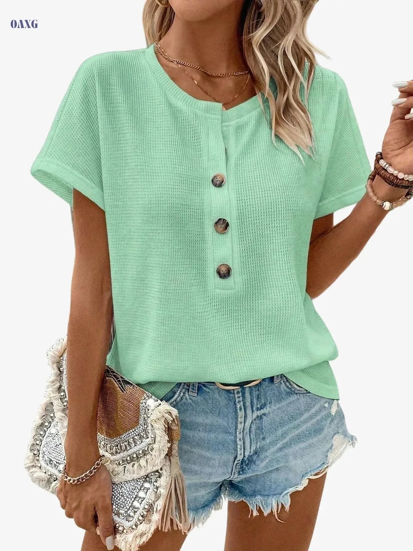Women's Solid Color Henley Neck T-Shirt - Casual Summer Style   OAXG White / S