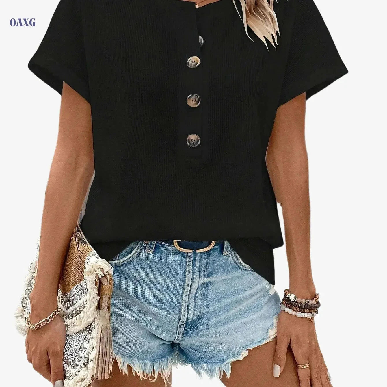 Women's Solid Color Henley Neck T-Shirt - Casual Summer Style   OAXG White / S