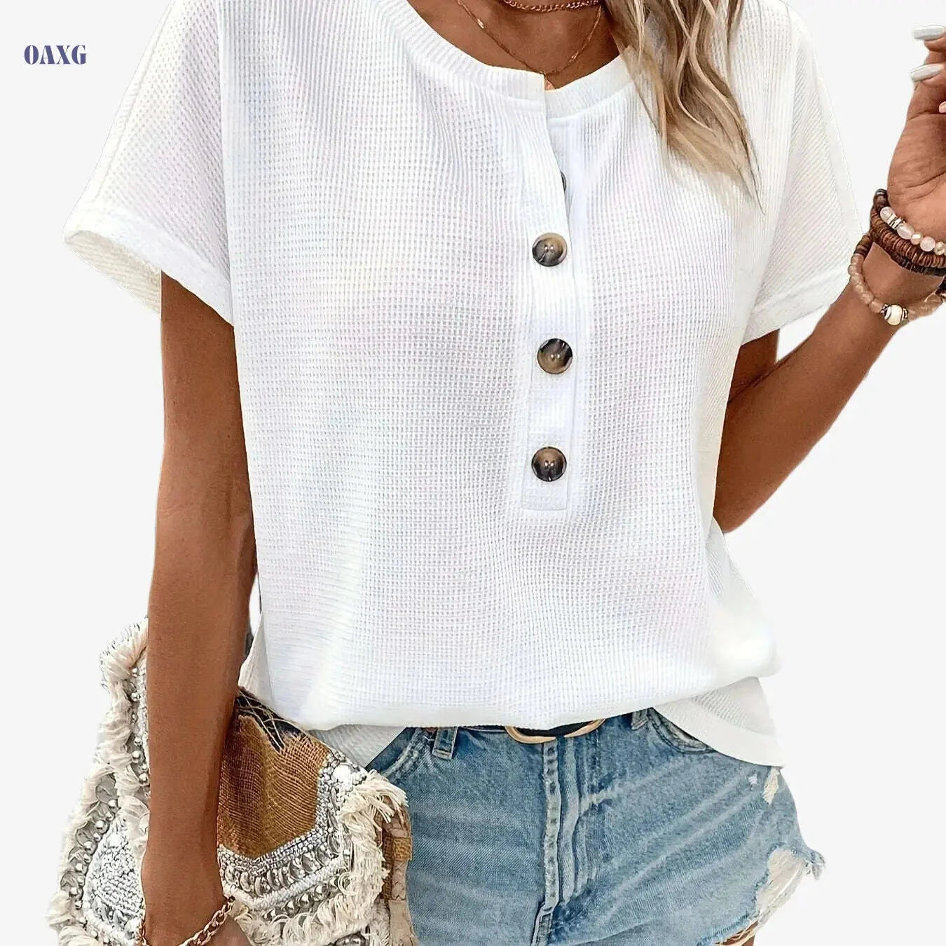 Women's Solid Color Henley Neck T-Shirt - Casual Summer Style   OAXG White / S