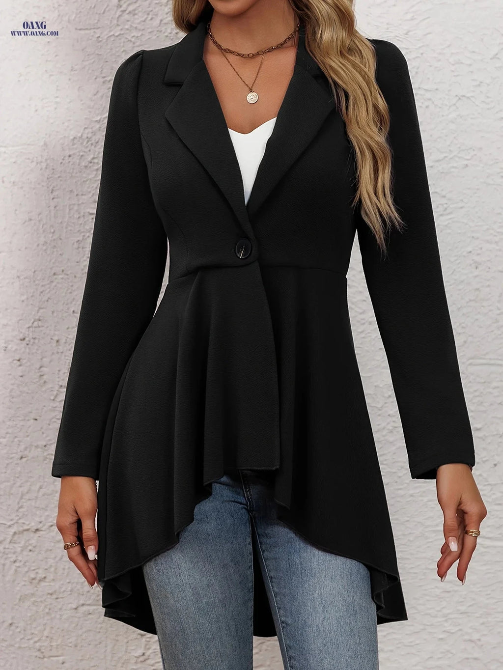 Women's Solid Color High-Low Hem Jacket - Elegant Long Sleeve Design   OAXG Black / S