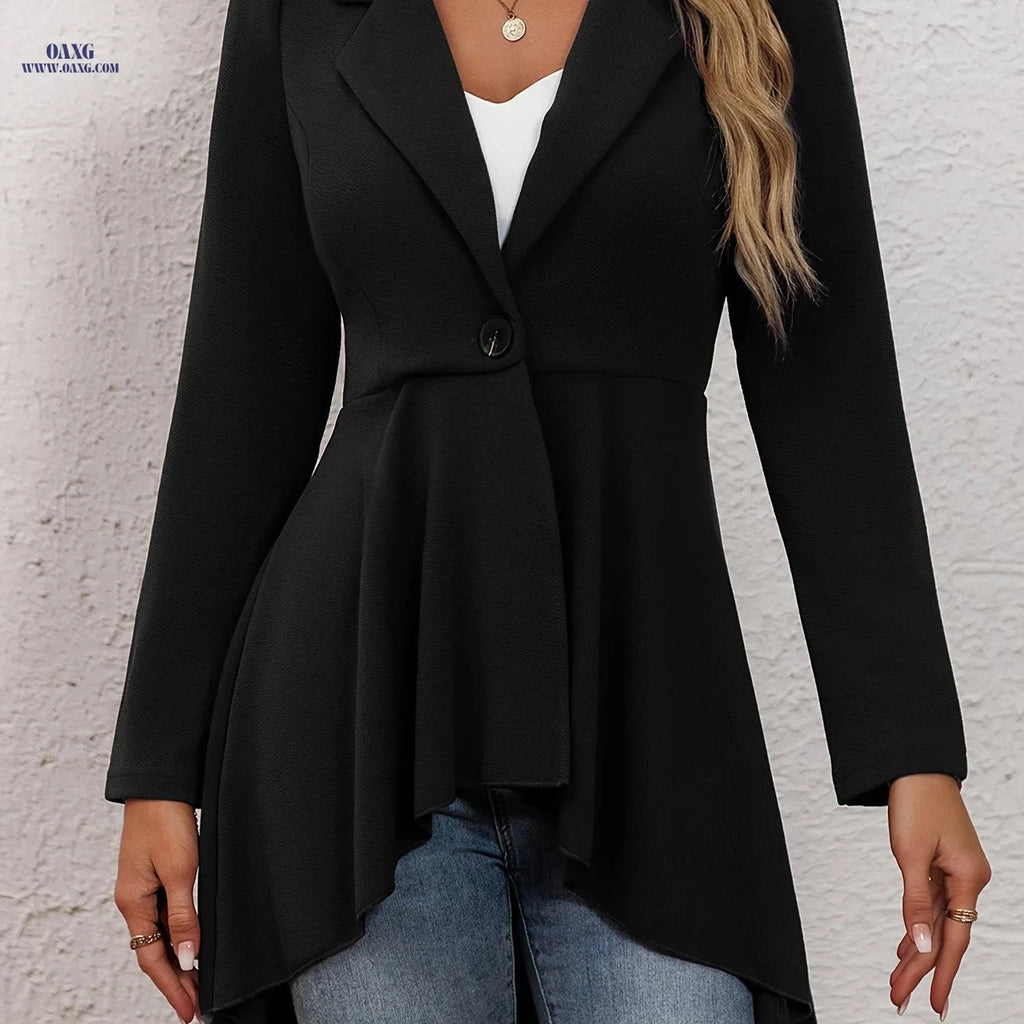 Women's Solid Color High-Low Hem Jacket - Elegant Long Sleeve Design   OAXG 