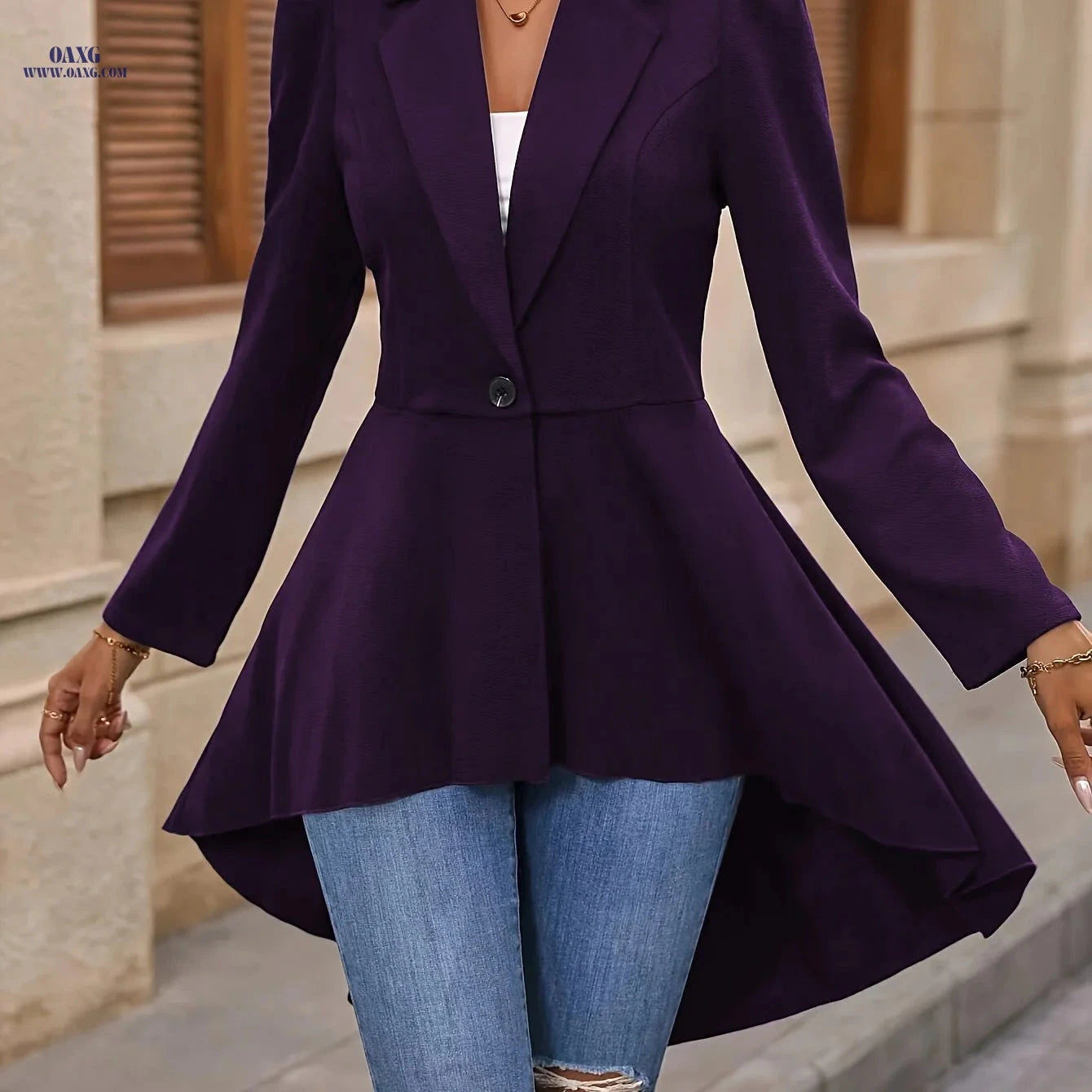 Women's Solid Color High-Low Hem Jacket - Elegant Long Sleeve Suit   OAXG 