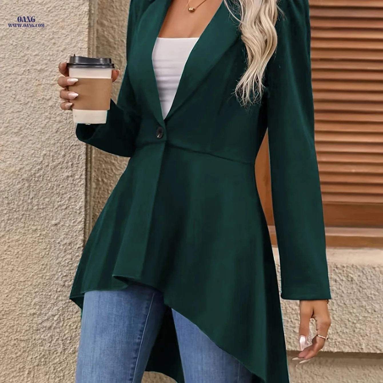 Women's Solid Color High-Low Hem Jacket - Elegant Long Sleeve Suit   OAXG Black / S