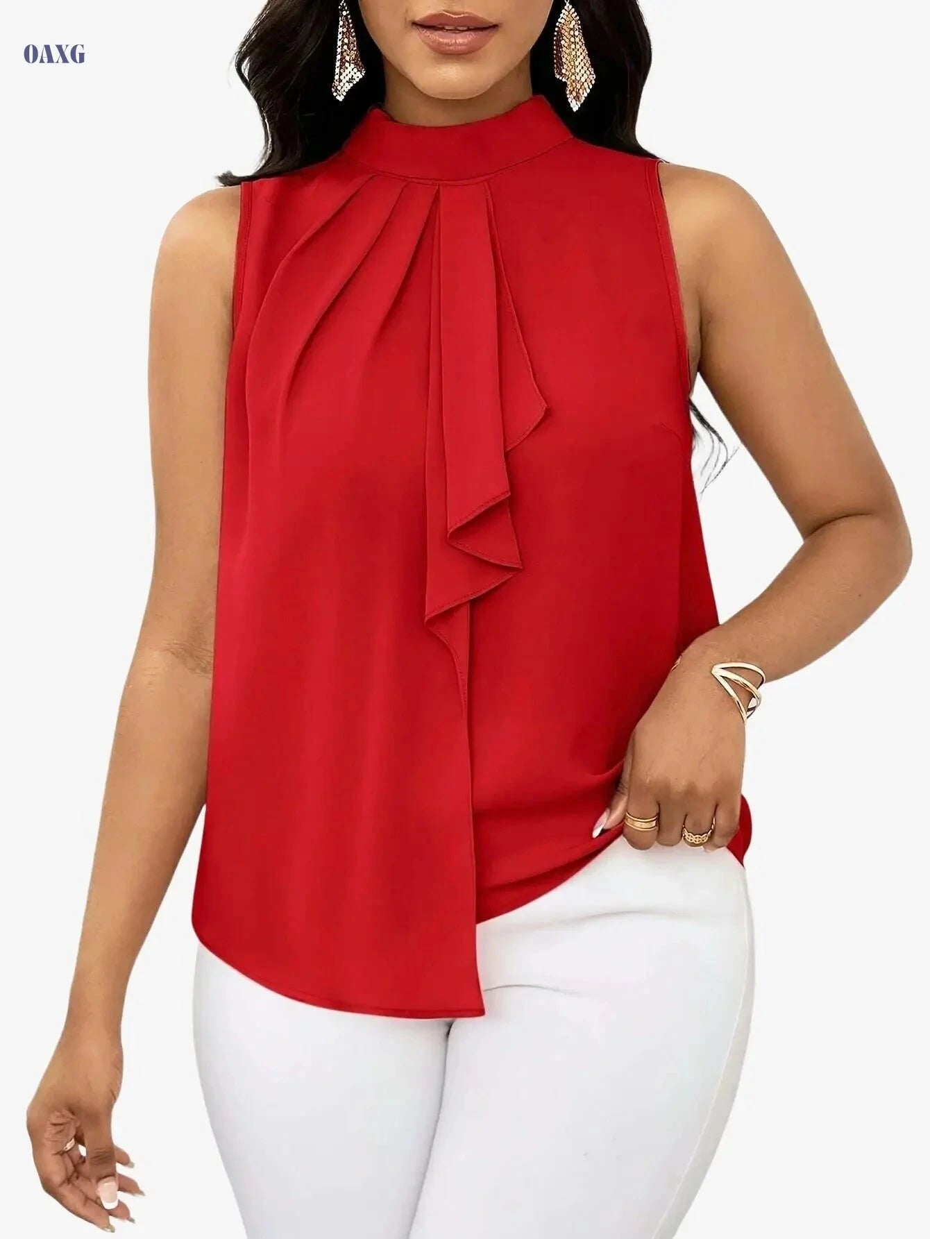 Women's Solid Color High Neck Sleeveless Top - Elegant Woven Fabric   OAXG 