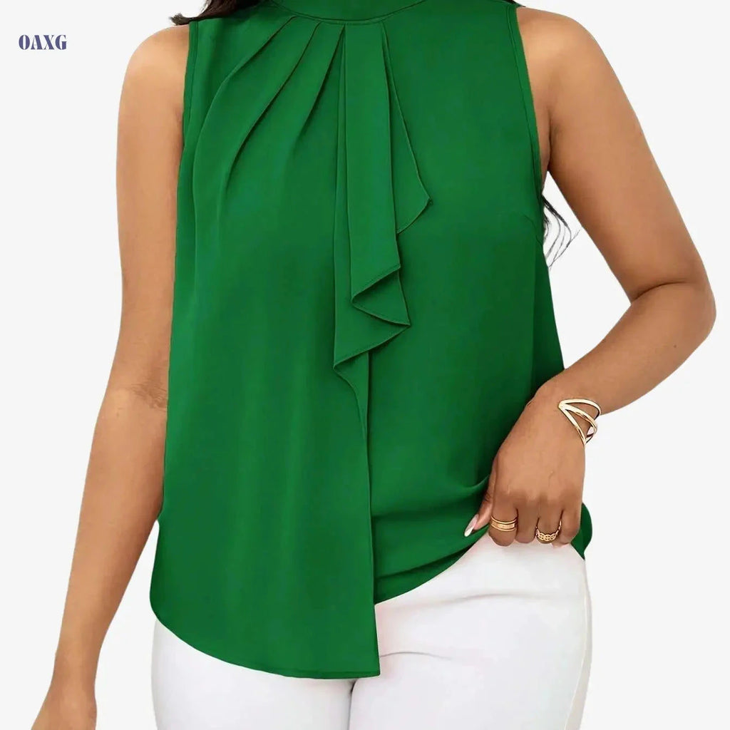Women's Solid Color High Neck Sleeveless Top - Elegant Woven Fabric   OAXG 