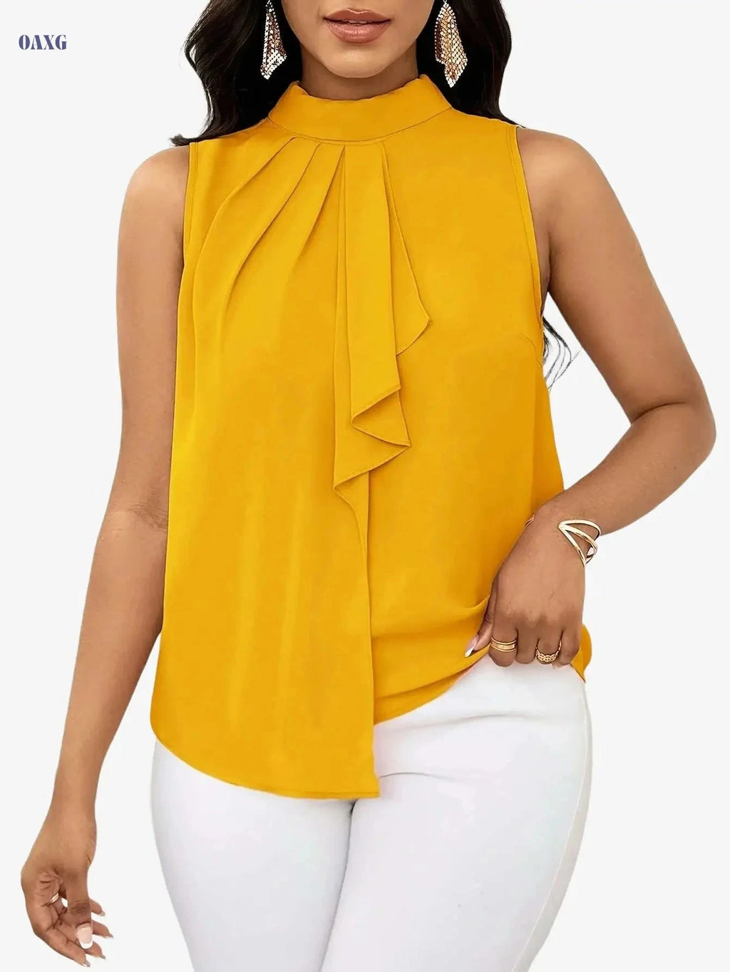 Women's Solid Color High Neck Sleeveless Top - Elegant Woven Fabric   OAXG 