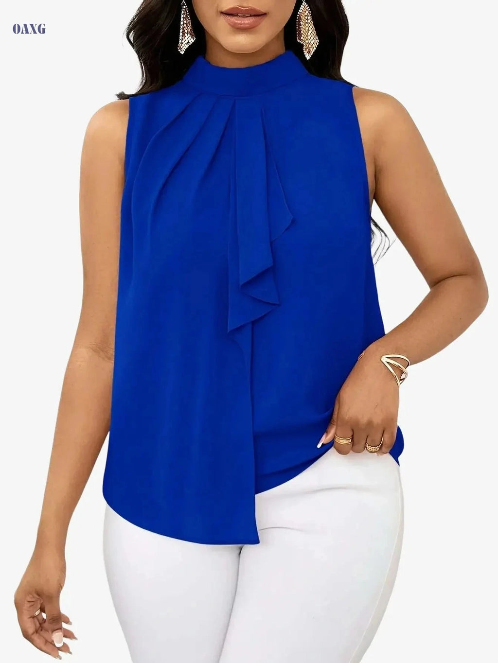 Women's Solid Color High Neck Sleeveless Top - Elegant Woven Fabric   OAXG Green / XS
