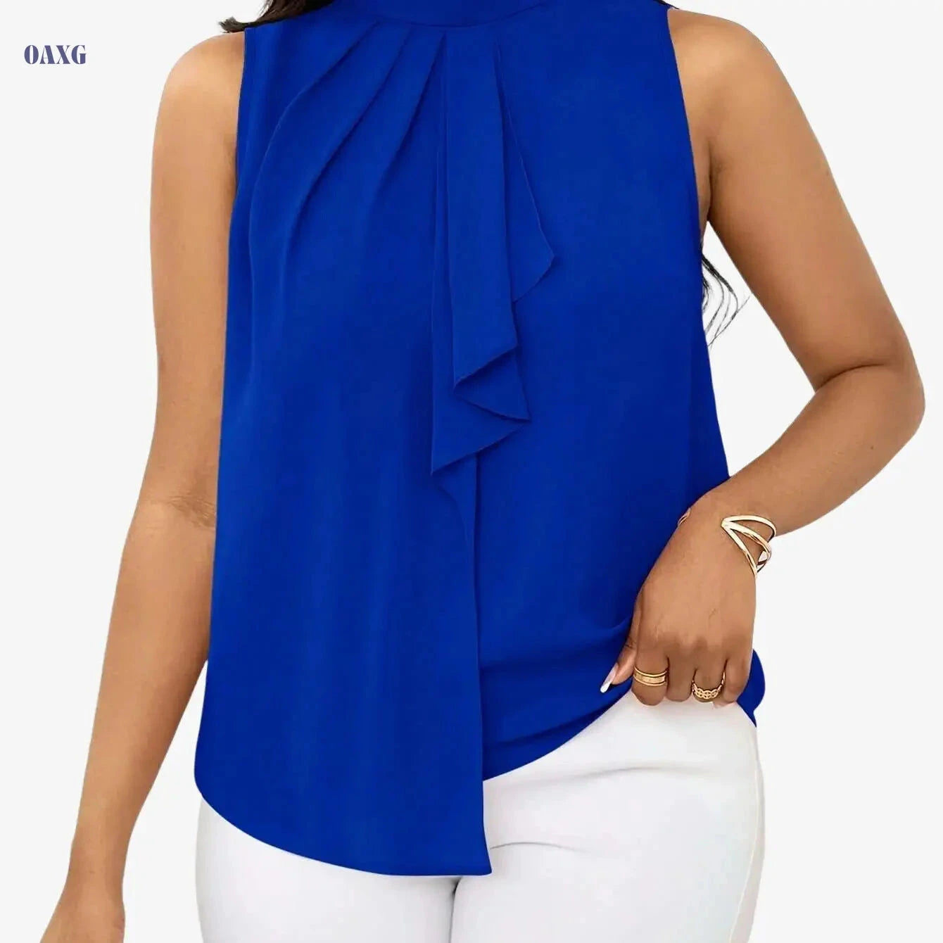 Women's Solid Color High Neck Sleeveless Top - Elegant Woven Fabric   OAXG Green / XS