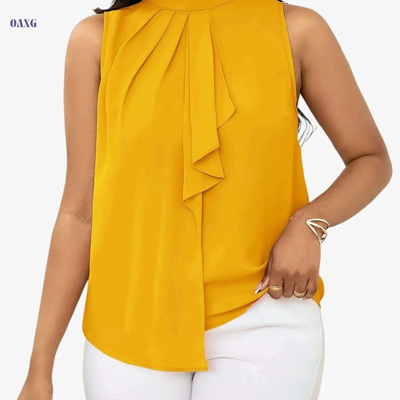 Women's Solid Color High Neck Sleeveless Top - Elegant Woven Fabric   OAXG Green / XS