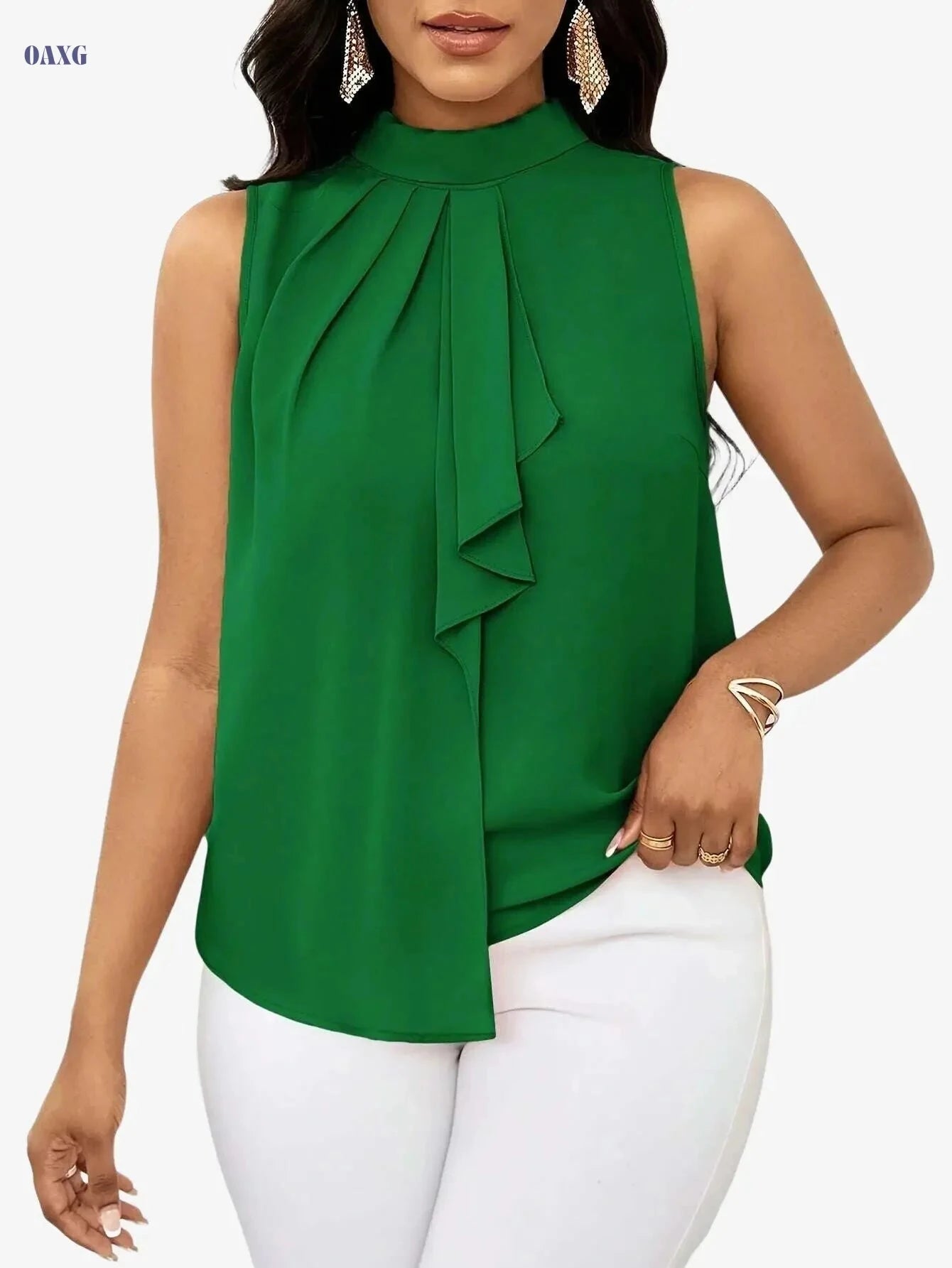 Women's Solid Color High Neck Sleeveless Top - Elegant Woven Fabric   OAXG Green / XS