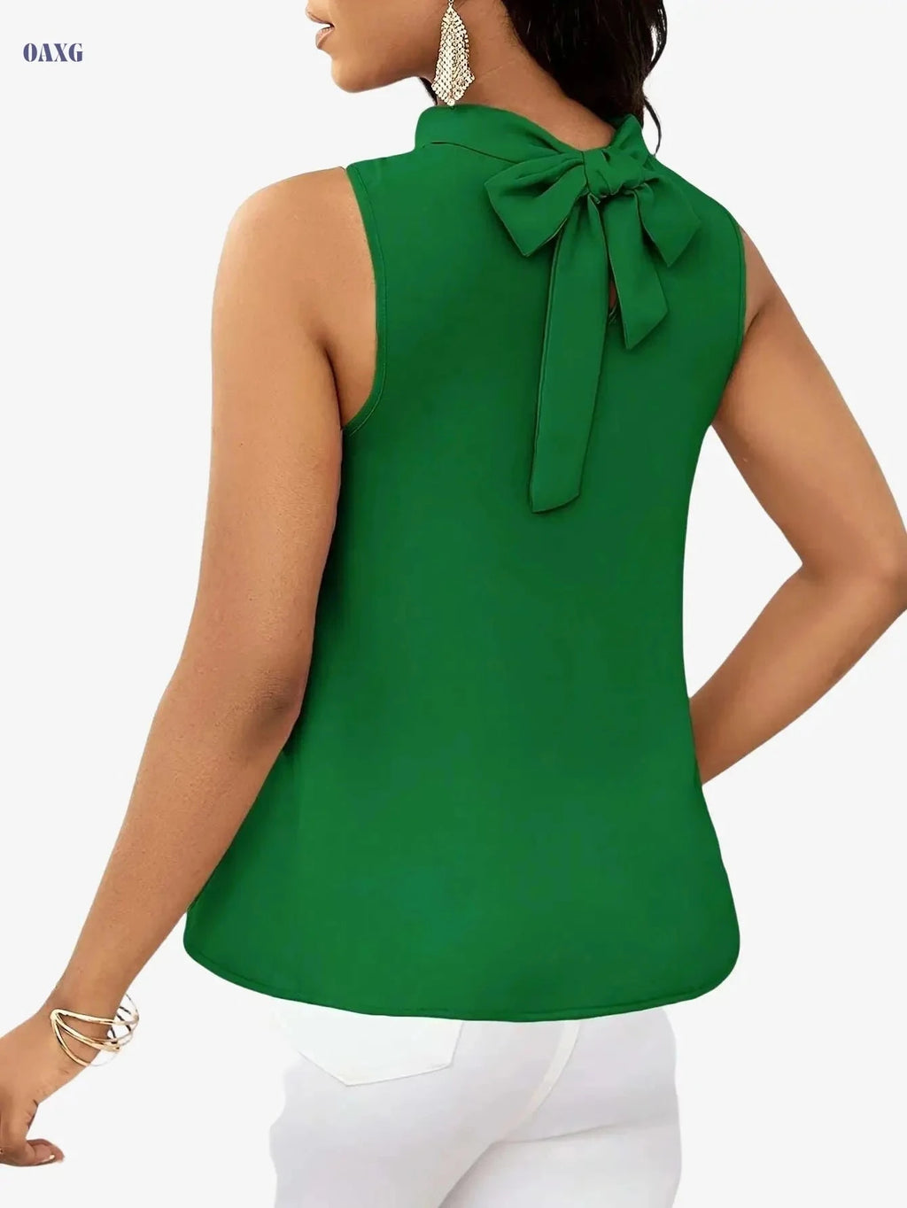 Women's Solid Color High Neck Sleeveless Top - Elegant Woven Fabric   OAXG Green / XS