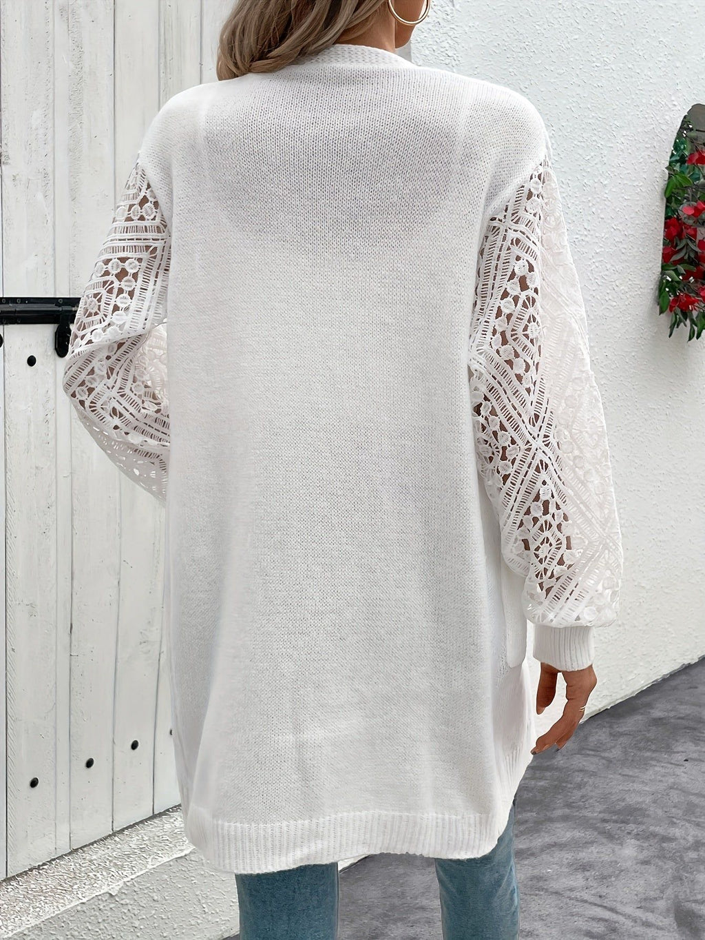 Women's Solid Color Hollow-Out Long Sleeve Cardigan   OAXG White / S