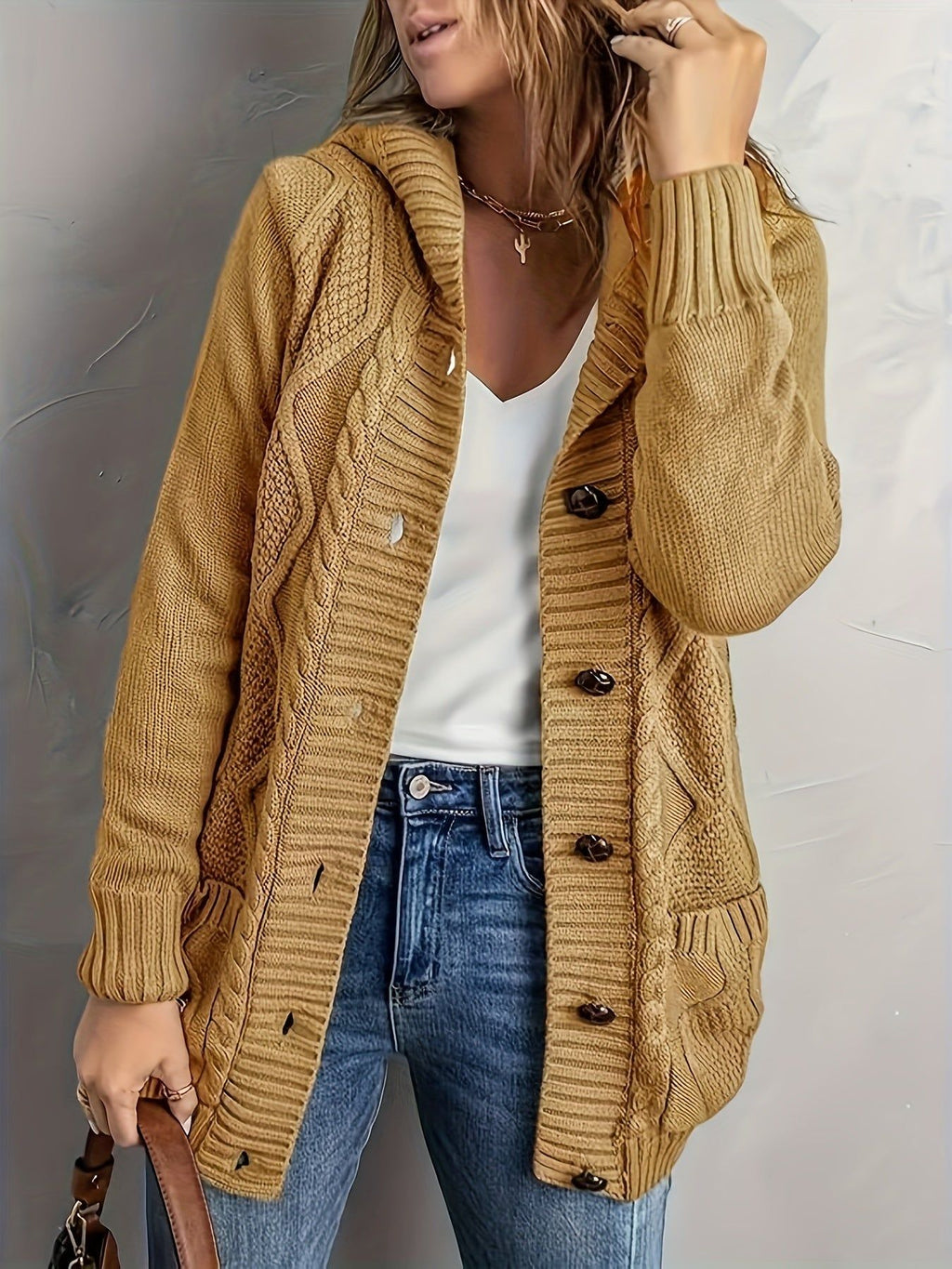 Women's Solid Color Hooded Button Long Sleeve Pocket Sweater   OAXG Light Grey / S