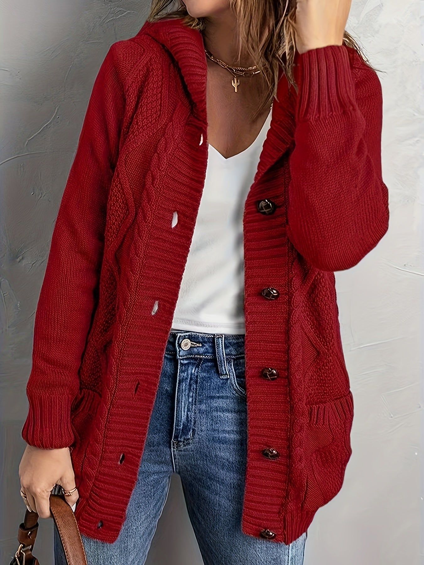 Women's Solid Color Hooded Button Long Sleeve Pocket Sweater   OAXG Light Grey / S